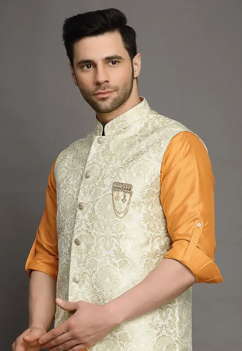 Woven Art Silk Kurta Jacket Set in Beige and Orange : MLY765